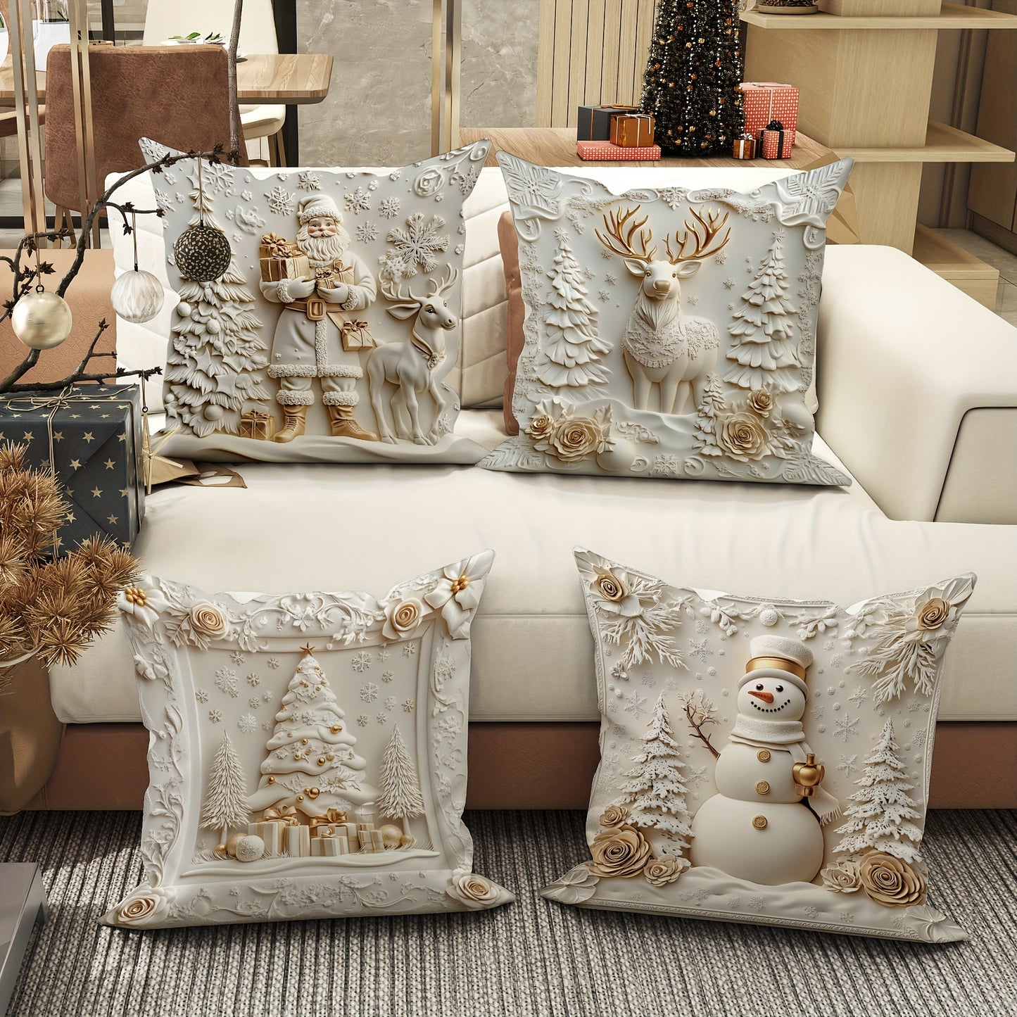 4pcs Christmas Decorations Santa Snowman Deer Floral Tree Velvet Throw Pillow Covers Funny Luxury 3D White Golden Soft Decorative Pillowcases One Sided Printing 18in*18in for Christmas Winter Living Room Bedroom Sofa Bed Deco