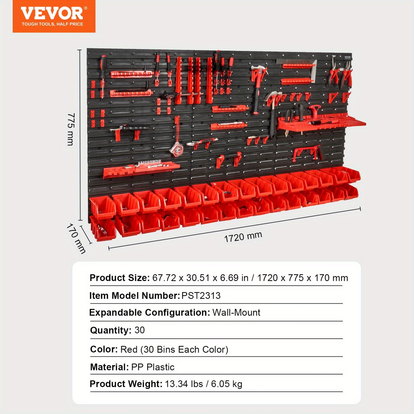 VEVOR Wall Mounted Storage Bins, 30-Bin Parts Rack Organizer Garage Plastic Shop Tool with Wall Panels/Tool Holders/Hooks, Tool Organizer for Nuts, Bolts, Screws, Nails, Beads, Buttons, Black and Red