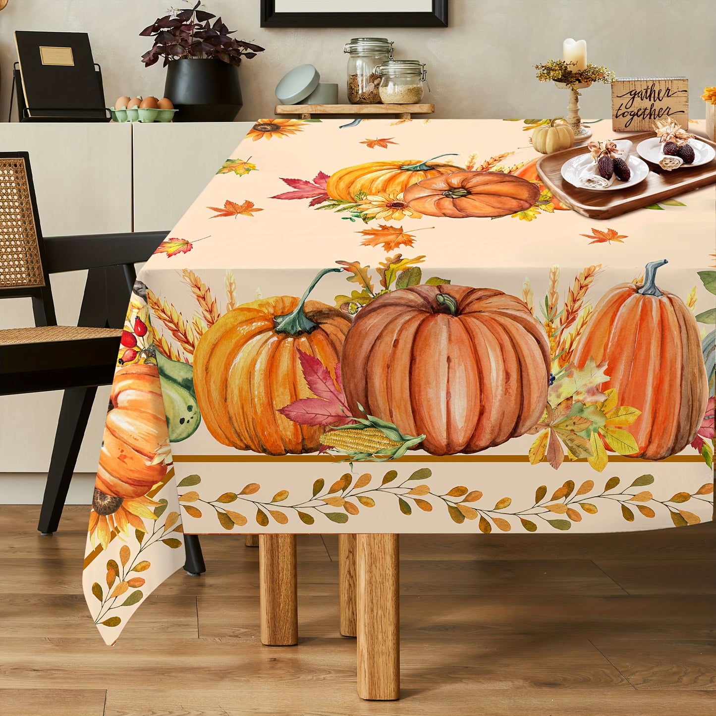 1pc Autumn Party Tablecloth, Orange Pumpkin Print, Perfect Party Decor, Home Supplies, Art Craft Sewing Supplies, Party Tablecloth, Polyester, Machine Woven, Holiday Season: Fall