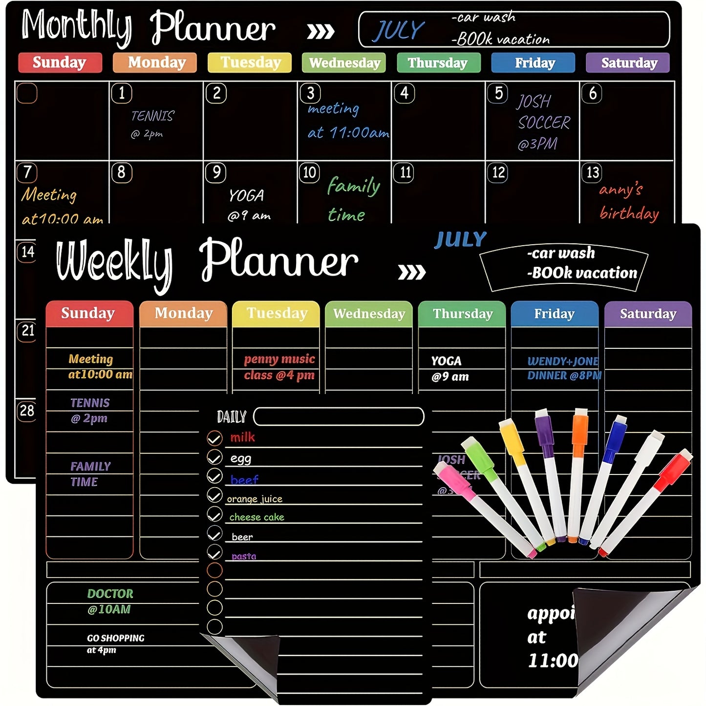 3 Magnetic Boards For Refrigerator - Black Dry Erase Boards Set, Monthly, Weekly Organizer & Daily Notepad, Wall & Fridge Family Boards Includes 8 Markers. Free Blackboard Eraser