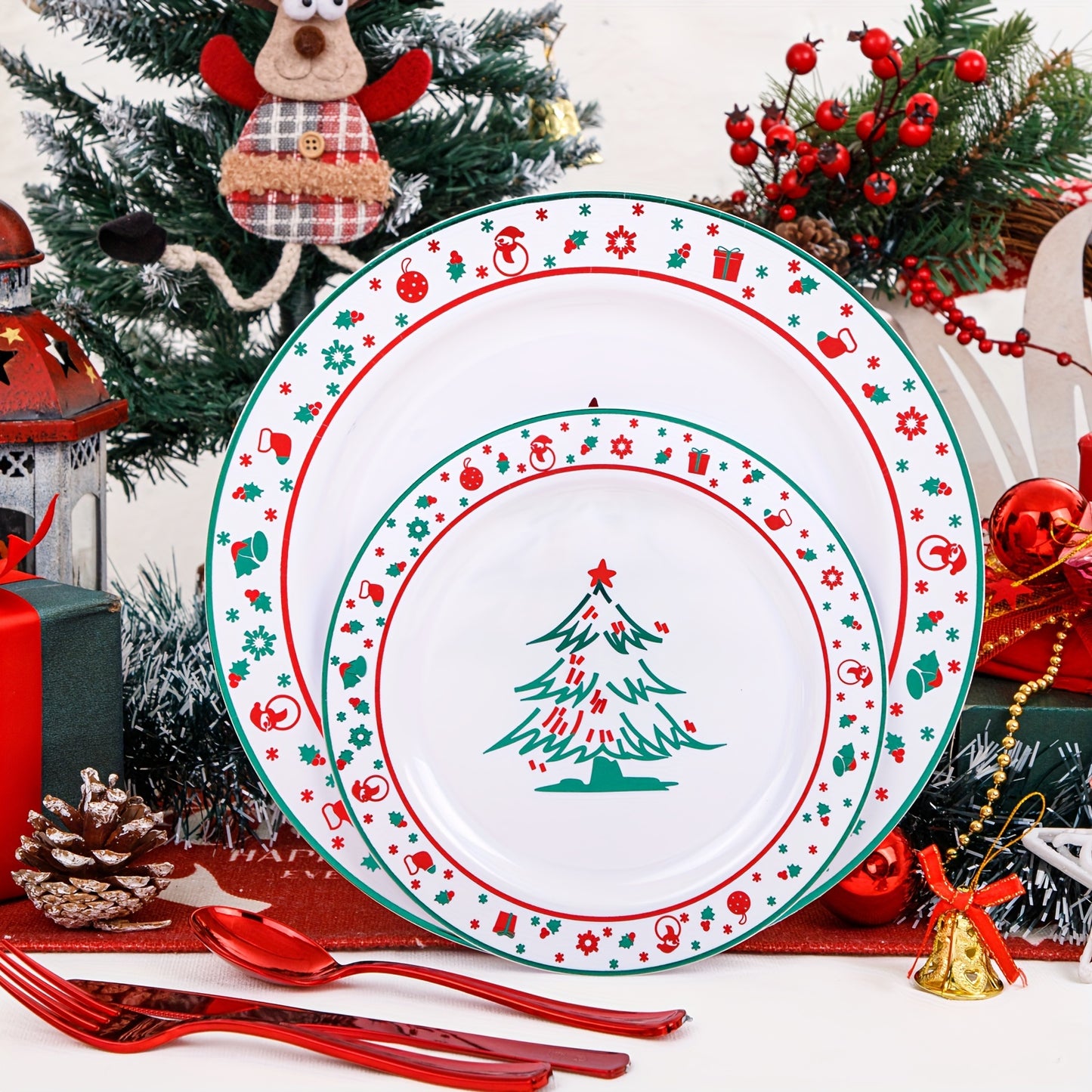 EI 150pcs Christmas Plastic Plates, Christmas Party Decorations, Christmas Plastic Dinnerware Set, Red And Green Plastic Plates With Christmas Tree, Red Plastic Silverware For New Year Party