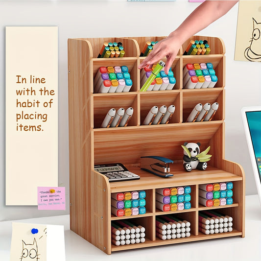 Wooden Desk Organizer Pen Holder Storage Box Wooden Stationery Storage Case DIY Pen Holder Organizer Desk Tidy Pen Holder Office Storage Rack Desktop Stationary for Student Home Office School