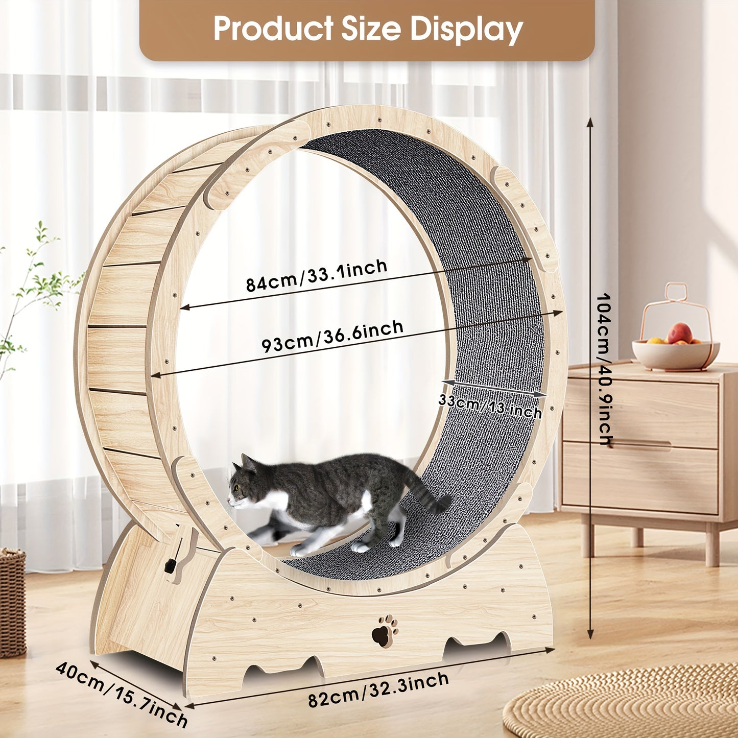 37" Natural Wood Color Cat Exercise Wheel, Carpeted Runway Cat Running Wheel, Fitness Device for Indoor Cats, Longer Life Sport Treadmill