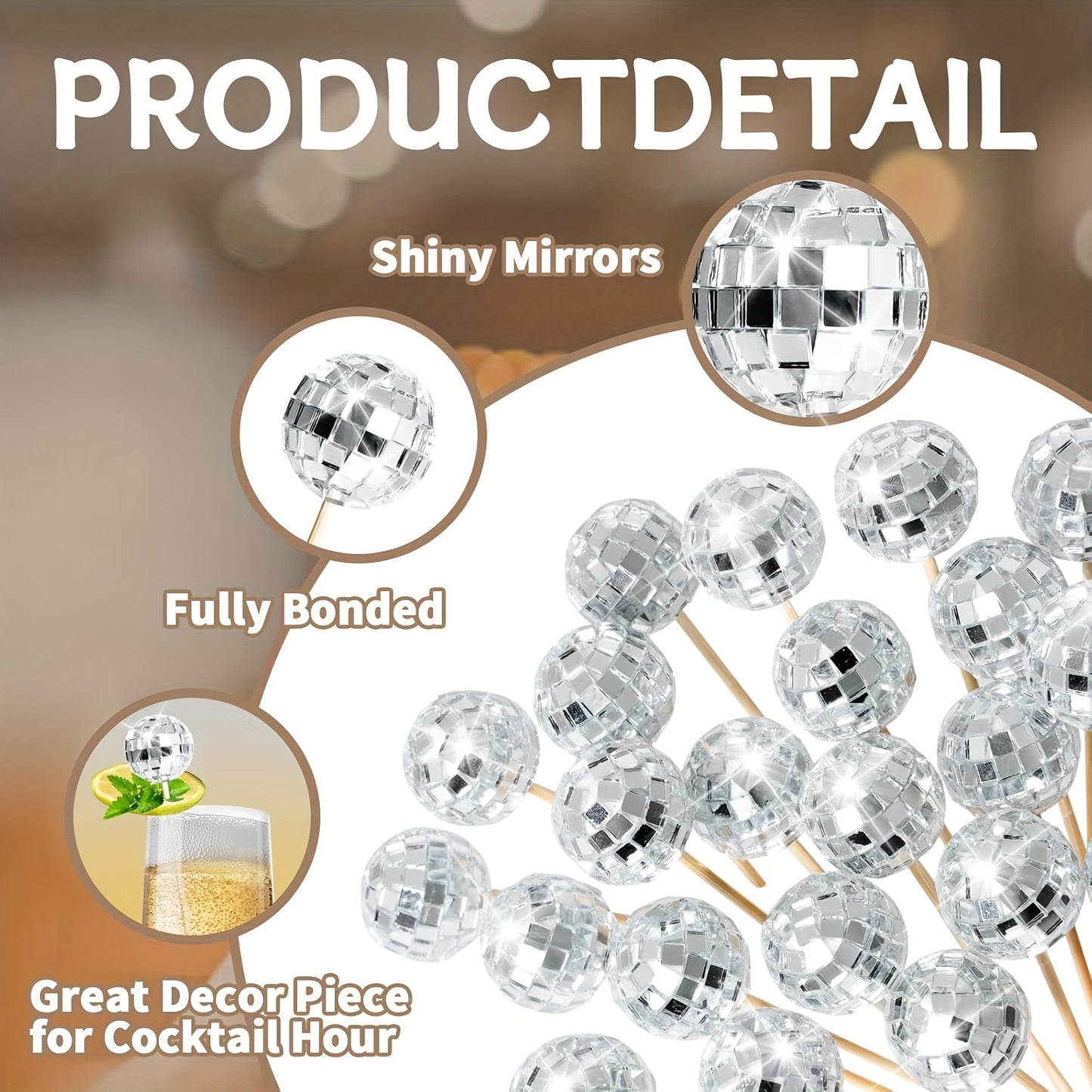 Disco Ball Cocktail Picks & Cupcake Toppers - 12/24/48/60pcs, 4.7" Silvery Mirror Finish, Perfect for 70s Theme Parties, Weddings, Birthdays, Christmas & New Year's Decorations