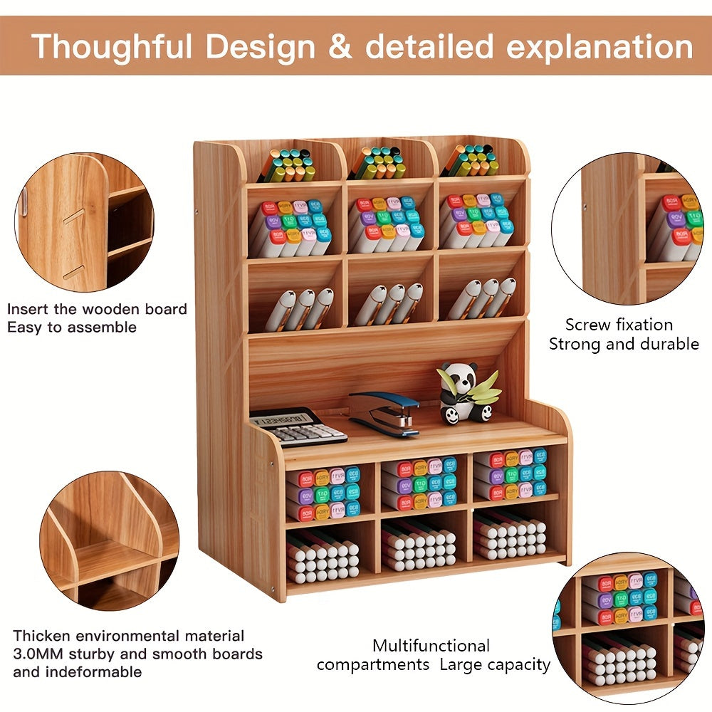 Wooden Desk Organizer Pen Holder Storage Box Wooden Stationery Storage Case DIY Pen Holder Organizer Desk Tidy Pen Holder Office Storage Rack Desktop Stationary for Student Home Office School