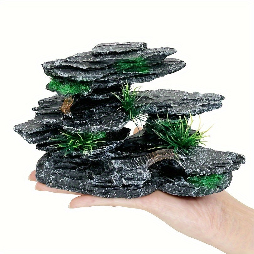 1pc Majestic Aquarium Mountain Rockery - Lush Moss Tree & Cave - Durable Stone Fish Tank Ornament - Create a Tranquil Underwater Landscape Decor