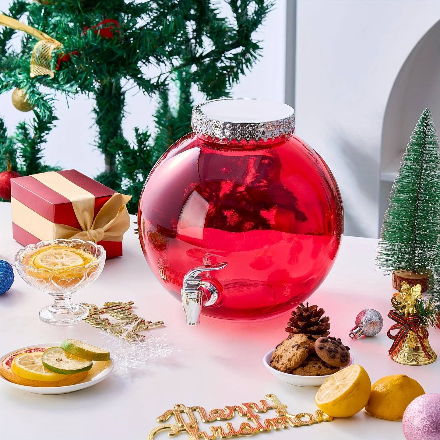 Cheerful Christmas Dispenser: Red Ornament-Shaped Glass Beverage Server For Festive Drinks