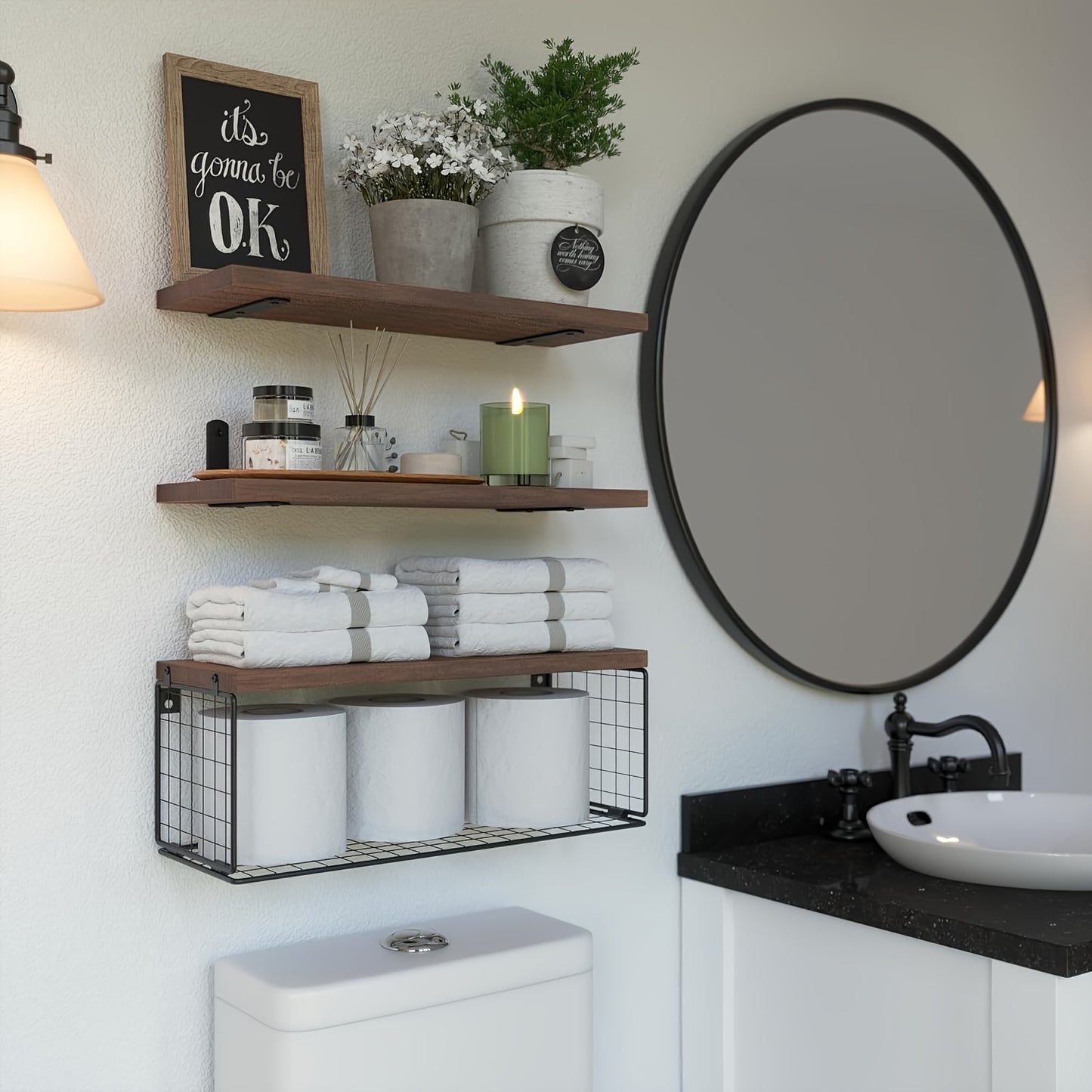 Floating Shelves For Bathroom Shelves, Wall Storage Baskets, Bathroom, Bedroom, Living Room, Toilet Paper - Dark Brown, Black, Wood Color