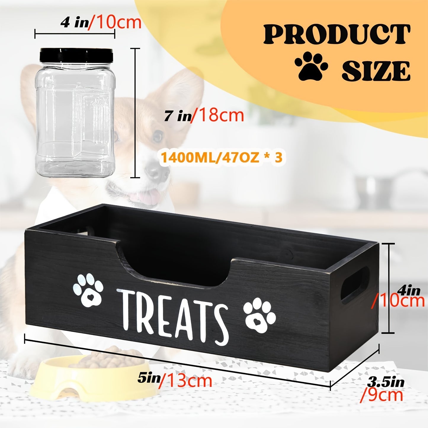 Wooden Dog Treat Container - 3 Plastic Jars, Farmhouse Pet Food Storage for Dog, Cat, Small Animal