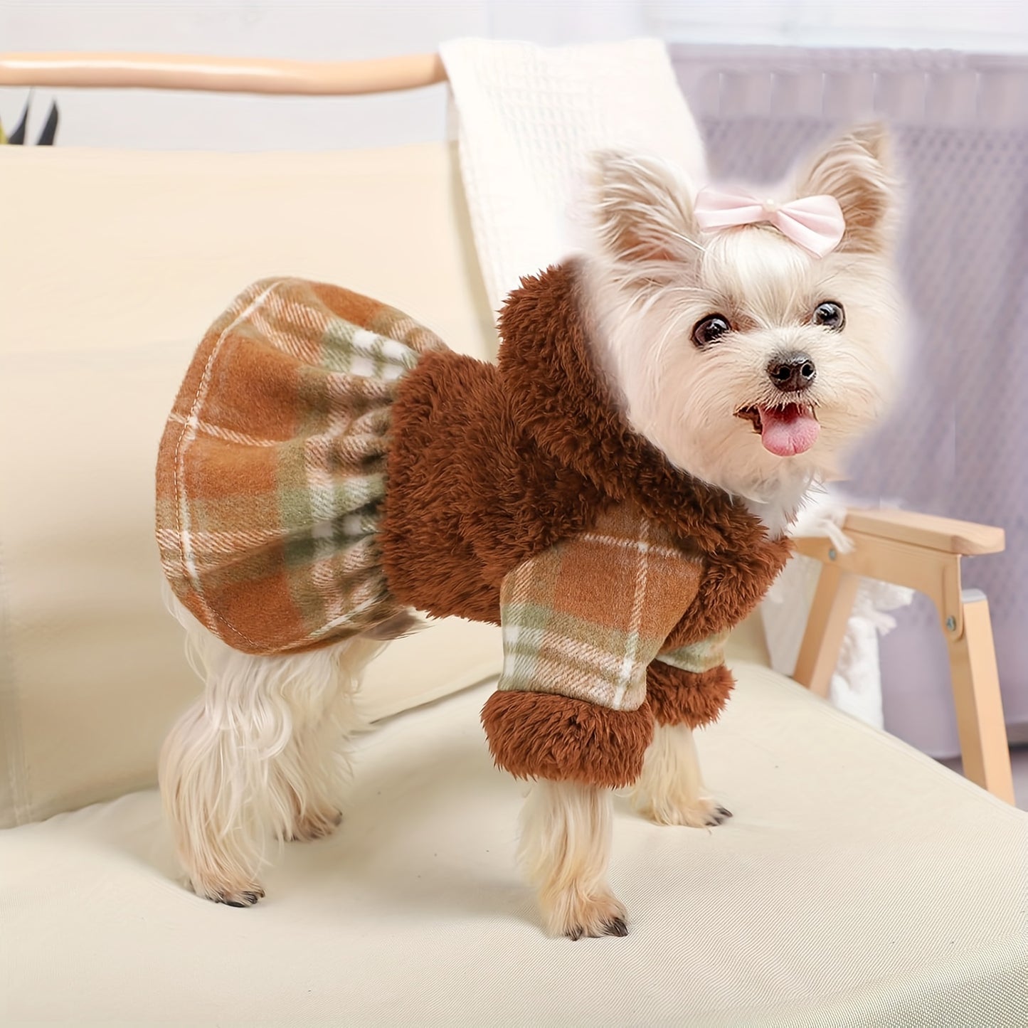 Pet Plaid Dog Dress, Cozy Brown Fleece Cape, Hooded Pet Coat for Small Breeds, Thanksgiving, Christmas, Birthday Party, All-Season Wear, Polyester & Cotton Blend, Machine Washable, XXS/XS/S/M Sizes