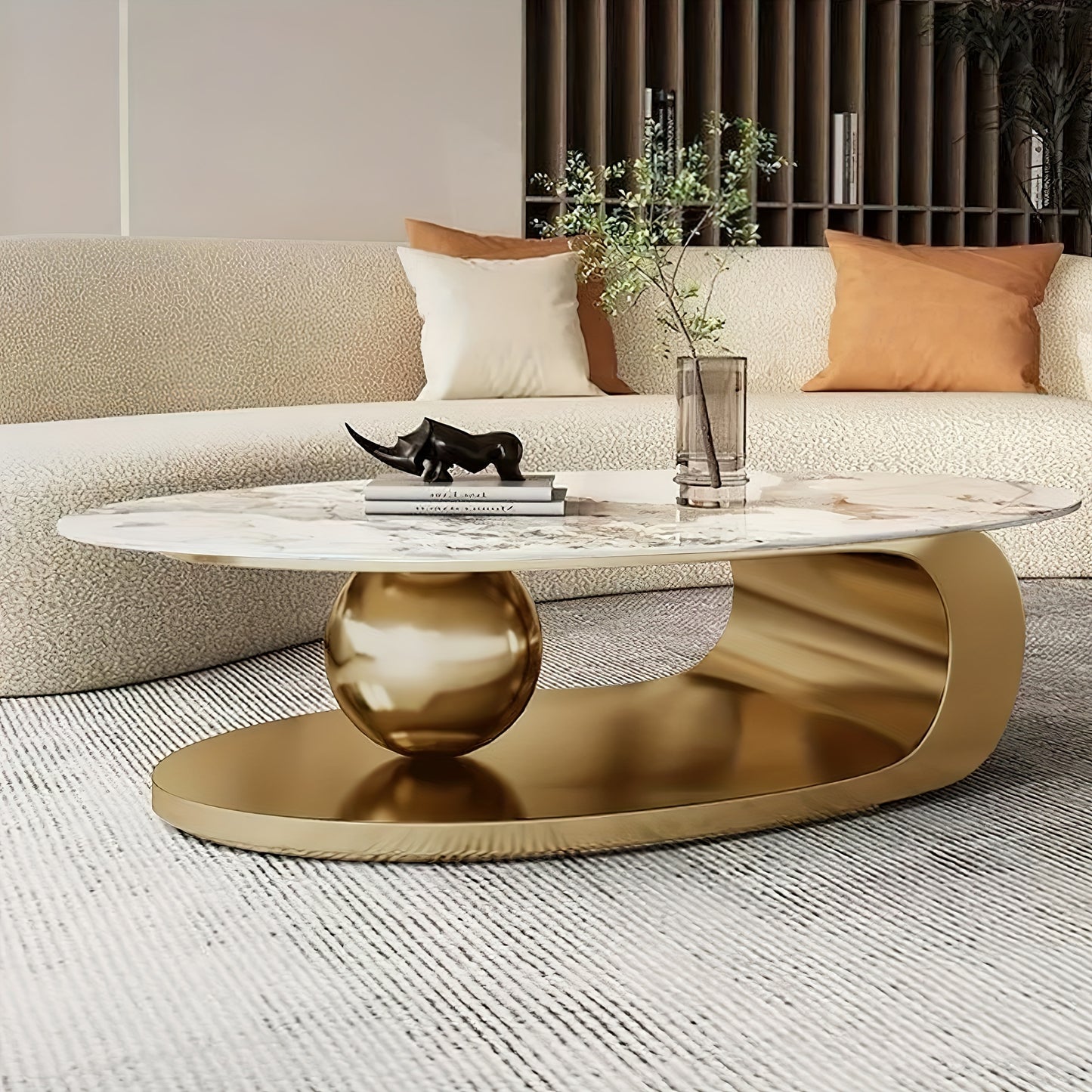 FUNXIBIO Marble Oval Coffee Table, Dining Table Dual-purpose Living Room 40cm High Coffee Table, Simple Small House Marble Golden Stainless Steel Metal Base, Coffee Table, Coffee Seat, Sent In Two Packs