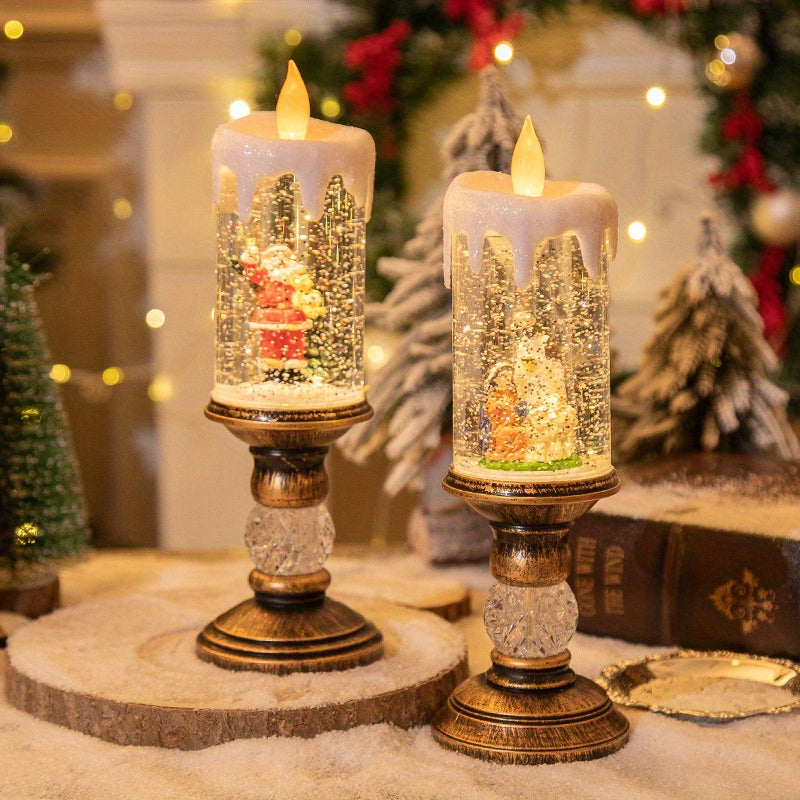 Santa Christmas Snowman Christmas Tree Christmas Decoration, Water-filled Candles With Scene Interior Decoration Christmas Crystal Lights Snow Santa Presents Flameless Candle Lights (with Music)