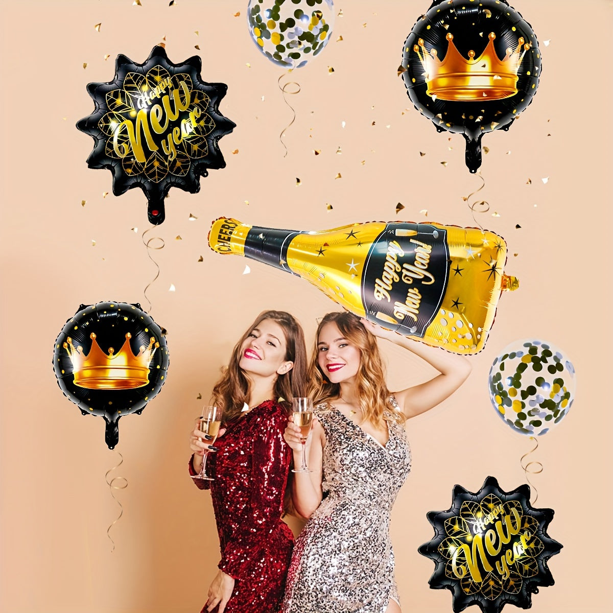 7-Piece New Year's Champagne Bottle Balloon Set with 18" Black Crown Star and 'Happy New Year' Text, Perfect for Festive Celebrations