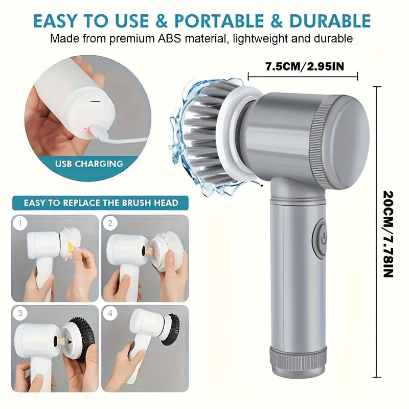 Multi Functional Handheld Electric Cleaning Brush With Five Heads And Six Heads, All Available In Gray And White