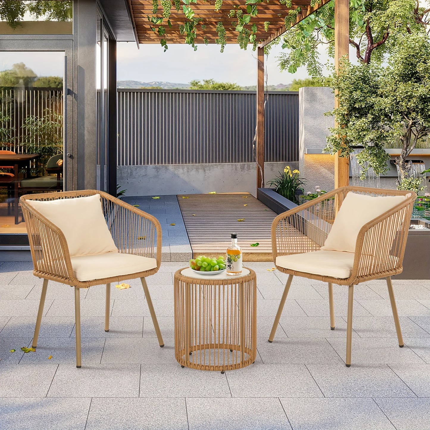 3 Piece Patio Furniture Set with Cushions Lumbar Pillows Outdoor PE Rattan Bistro Furniture Set Patio Rattan Conversation Set Glass Coffee Table Top and 2 Chairs for Patio Garden Porch