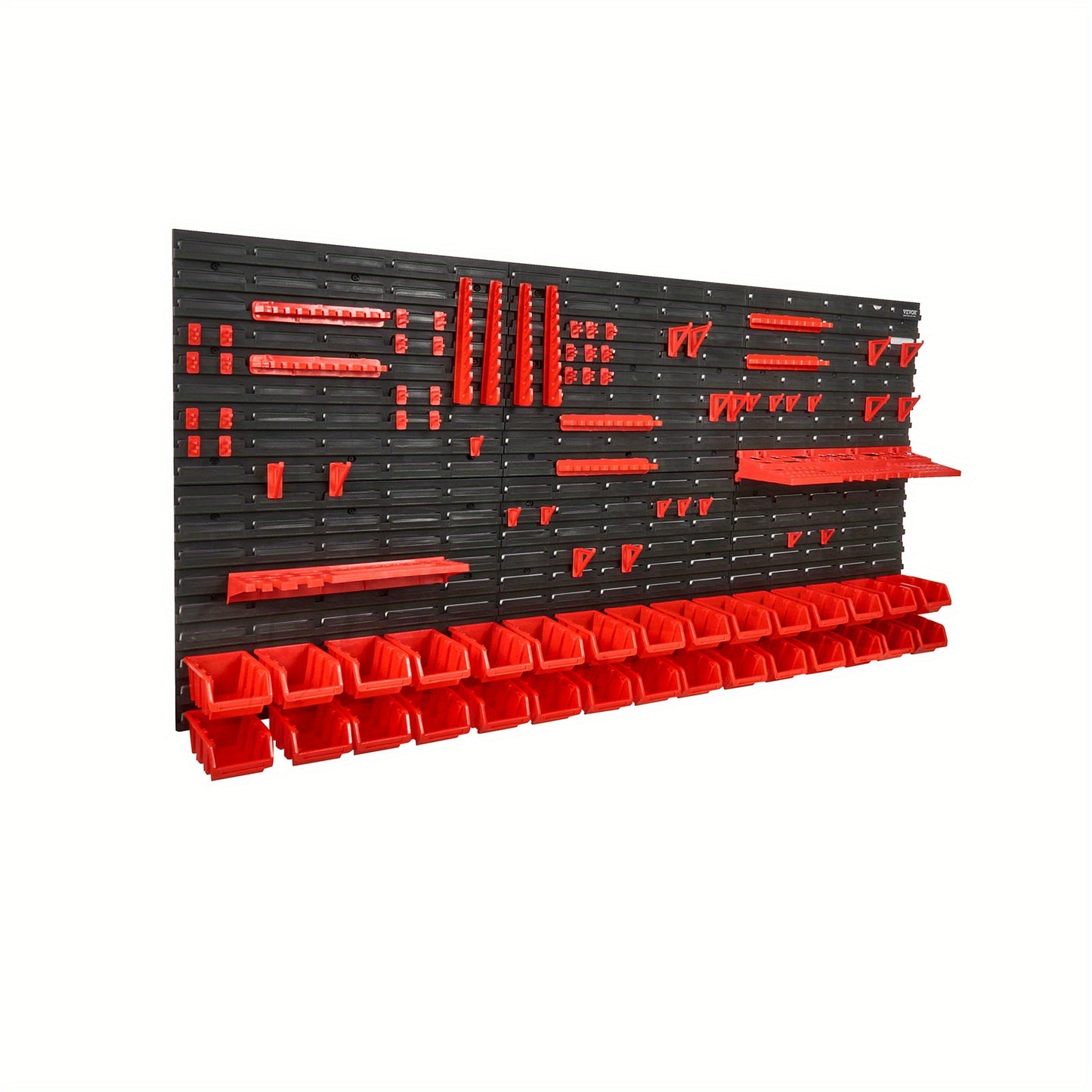 VEVOR Wall Mounted Storage Bins, 30-Bin Parts Rack Organizer Garage Plastic Shop Tool with Wall Panels/Tool Holders/Hooks, Tool Organizer for Nuts, Bolts, Screws, Nails, Beads, Buttons, Black and Red