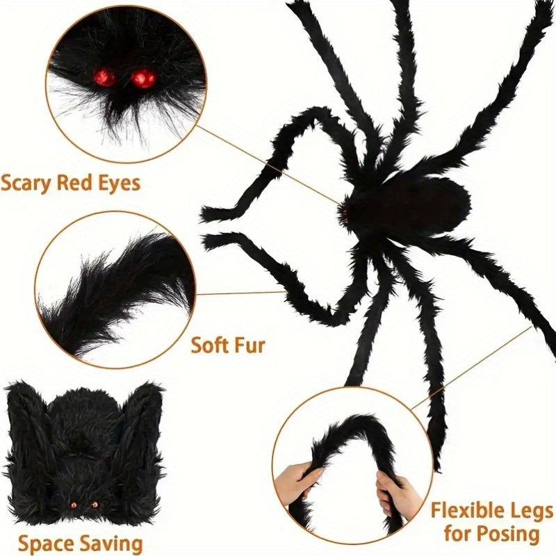 2Pcs Giant Plush Halloween Spider Decorations - 59/49/35 inches, Realistic Design, Ideal for Indoor Haunts and Outdoor Yard Scare