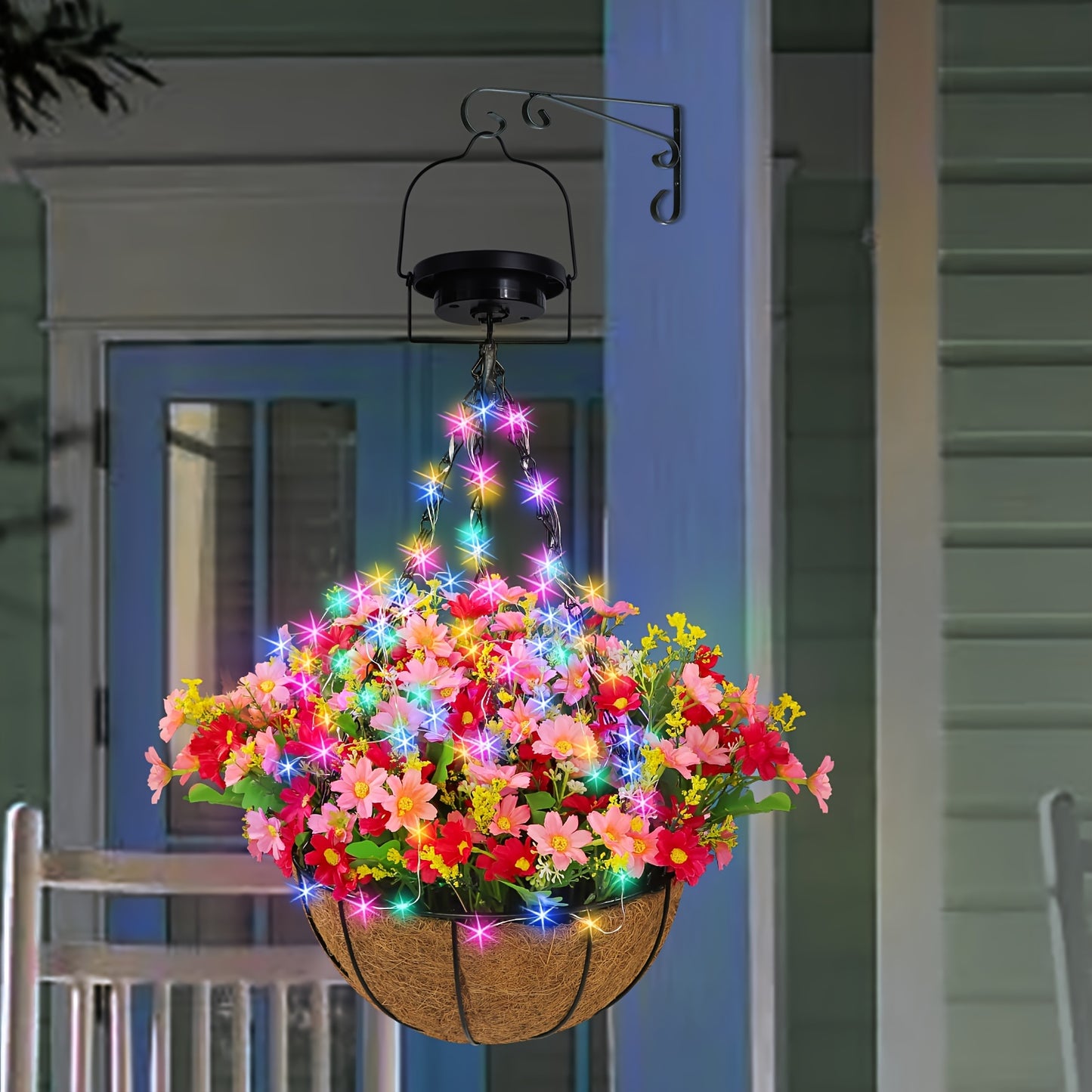 25.4cm Coconut Lining Solar Flower Basket Light - USB Lamp with Solar Copper Wire, Simulation Hanging Plant, LED DIY, Multi-Color Artificial Flower Basket