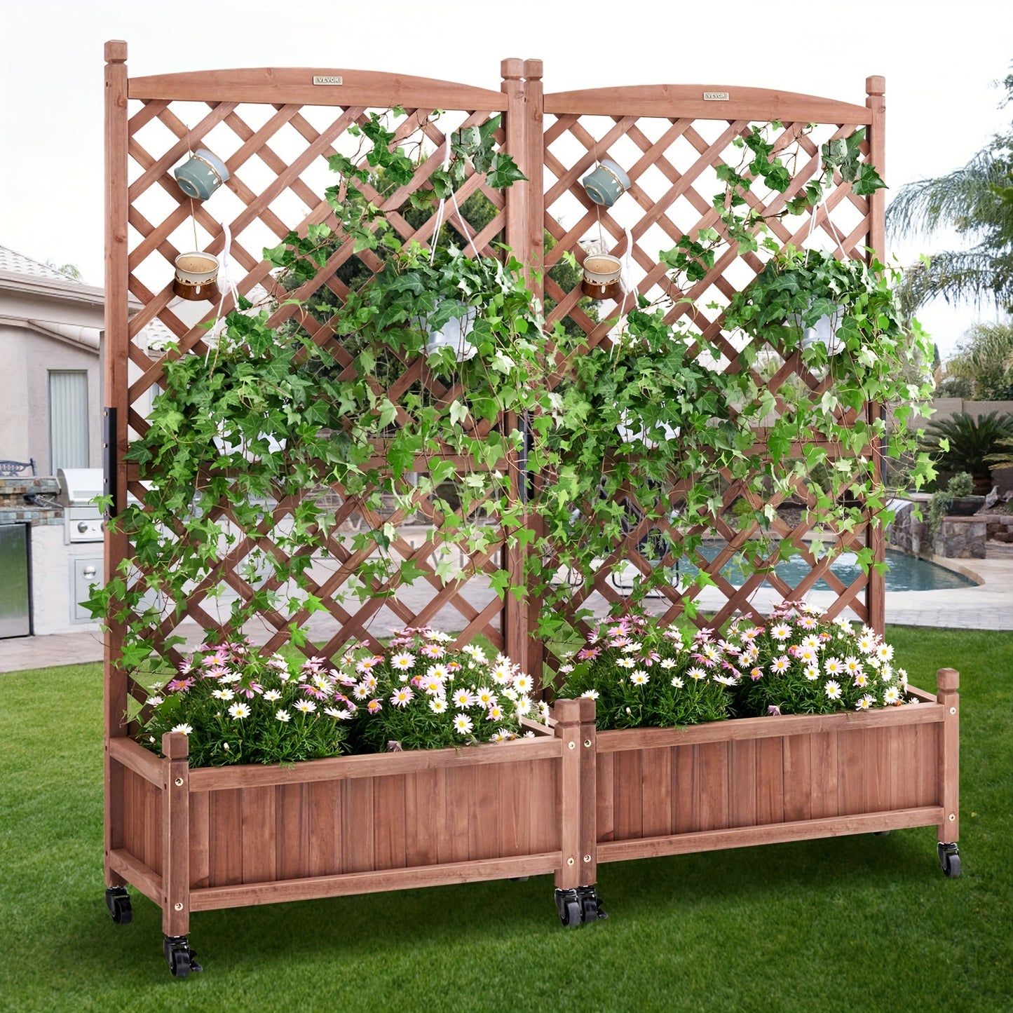 2PCS Wood Planter Box with Trellis - Large 60"x13"x61.4" Outdoor Raised Garden Bed with Drainage Holes and Free-Standing Design - Ideal for Vine Climbing Plants, Flowers, and Gardening in Garden, Patio, Balcony