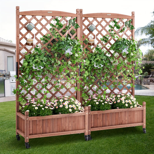 2PCS Wood Planter Box with Trellis - Large 60"x13"x61.4" Outdoor Raised Garden Bed with Drainage Holes and Free-Standing Design - Ideal for Vine Climbing Plants, Flowers, and Gardening in Garden, Patio, Balcony