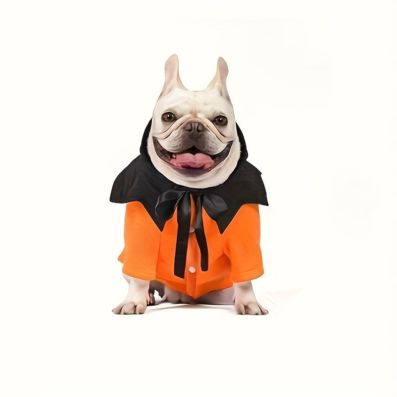 Adorable Pumpkin-Themed Pet Costume for Small Dogs - 2pcs Set with Cape and Hood, Fun Cartoon Alphabet Design, Soft Polyester, Easy to Wear