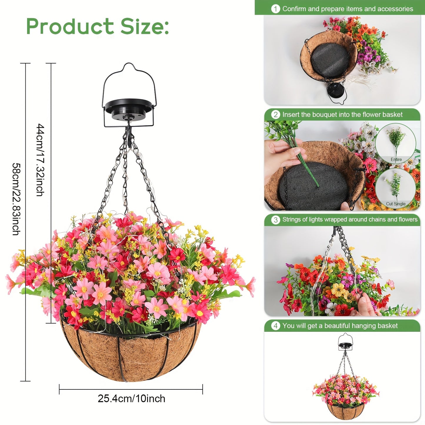 25.4cm Coconut Lining Solar Flower Basket Light - USB Lamp with Solar Copper Wire, Simulation Hanging Plant, LED DIY, Multi-Color Artificial Flower Basket