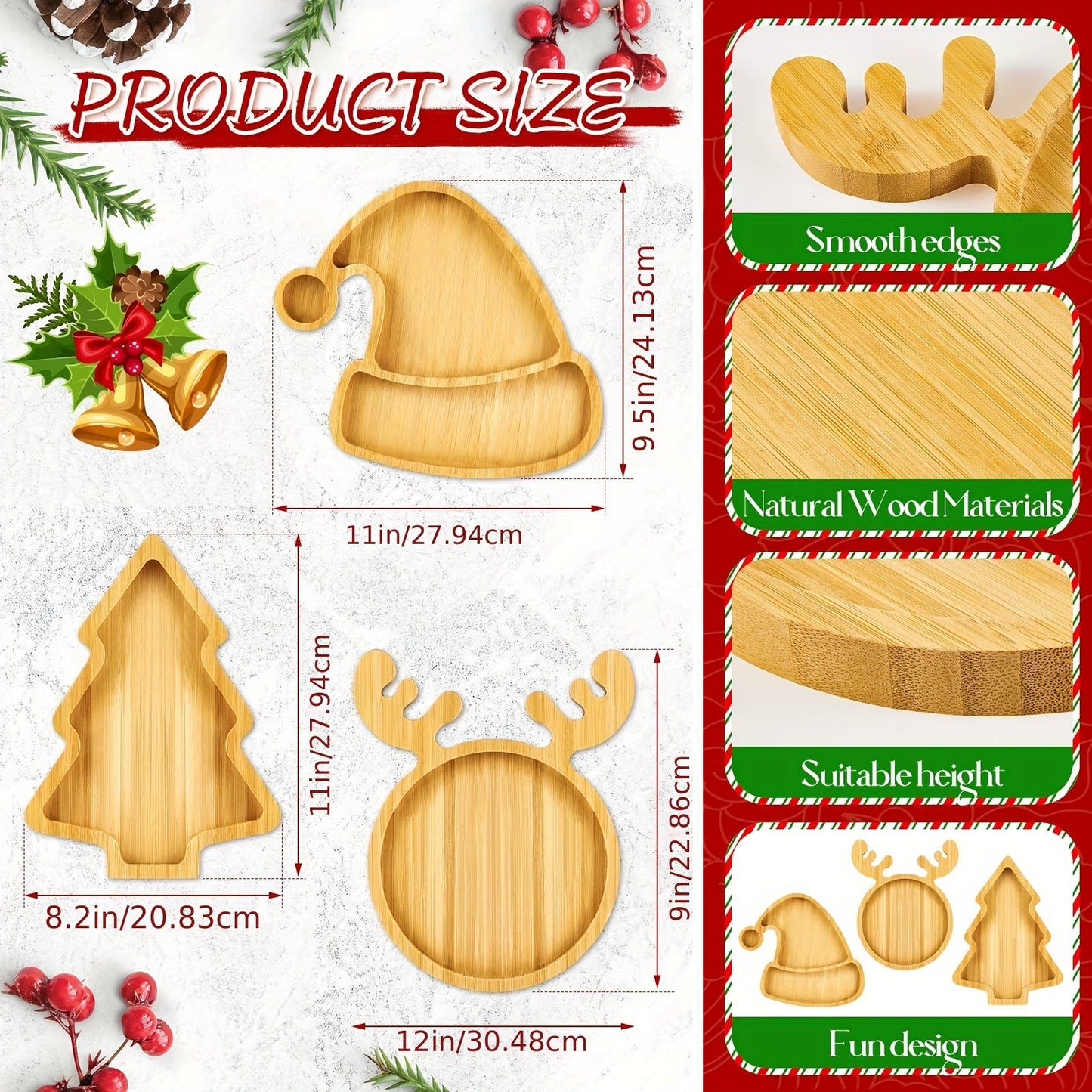 3 Pieces Christmas Wooden Serving Tray for Snacks, Cookies, Fruits, Cheese Display Food Dish Home Office