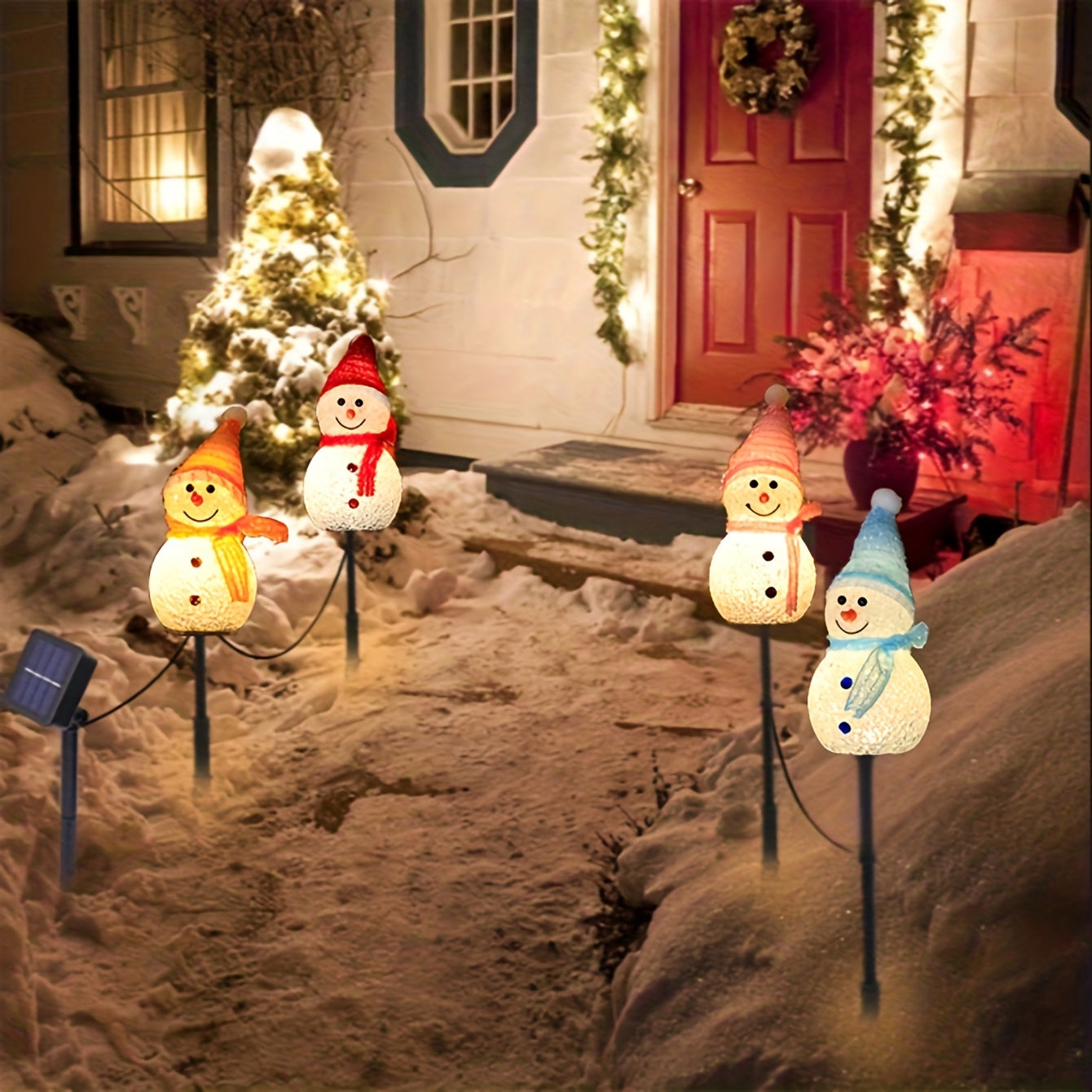 4-in-1 Solar Snowman Pile Light Christmas Patio Decoration for Front Doors, Walkways, Gardens, Lawns, Patios, Christmas Trees, Flower Beds and Winter Theme Parties