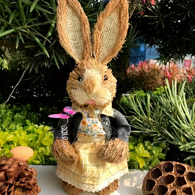 Handcrafted Fabric and Faux Leather Bunny Dolls, 13.78inch Rustic Countryside Rabbit Figures, Set of Collectible Comic Themed Bunnies for Home Decor, Charming Garden Party Ornaments, Ideal for Easter, St. Patrick's Day, Day o