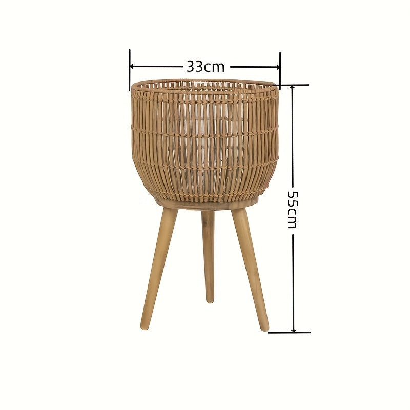 13 In Round Brown Resin Planter & Stand Set With Wood Legs, 21.65 In Height