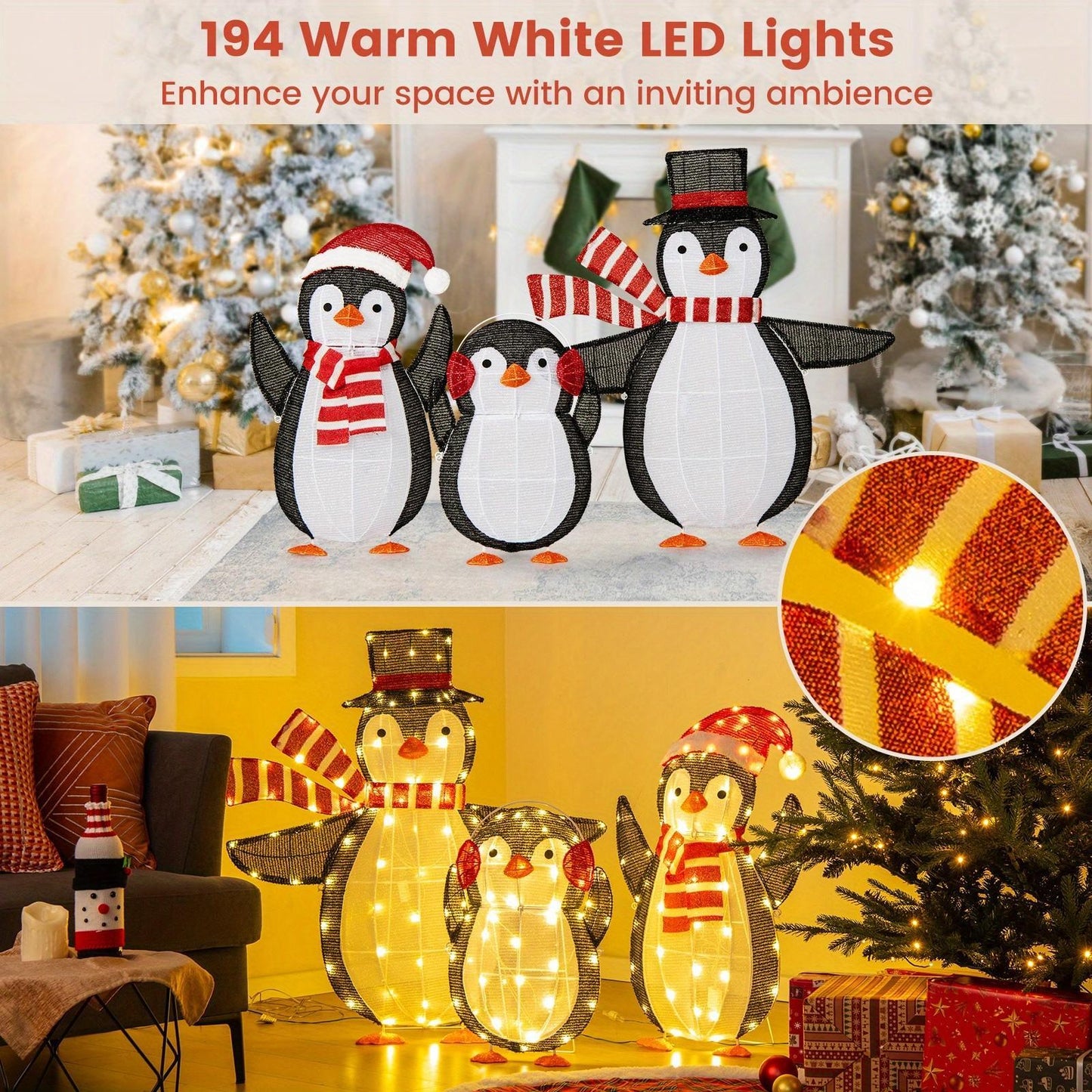 Set of 3 LED Lighted Christmas Penguin Decorations, COSTWAY Xmas Penguin Family Lights, Glowing Holiday Display