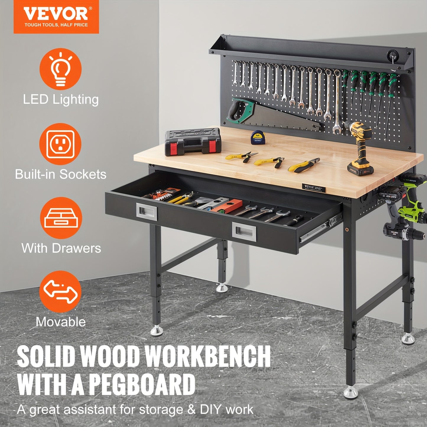 VEVOR Adjustable Height 28-39.5" Work Bench For Garage Oak Plank & Carbon Steel Heavy Duty Workbench 2000lbs Weight Capacity Bench Top Size 48x24 Hardwood Workbench 3m Cable 30 Hooks