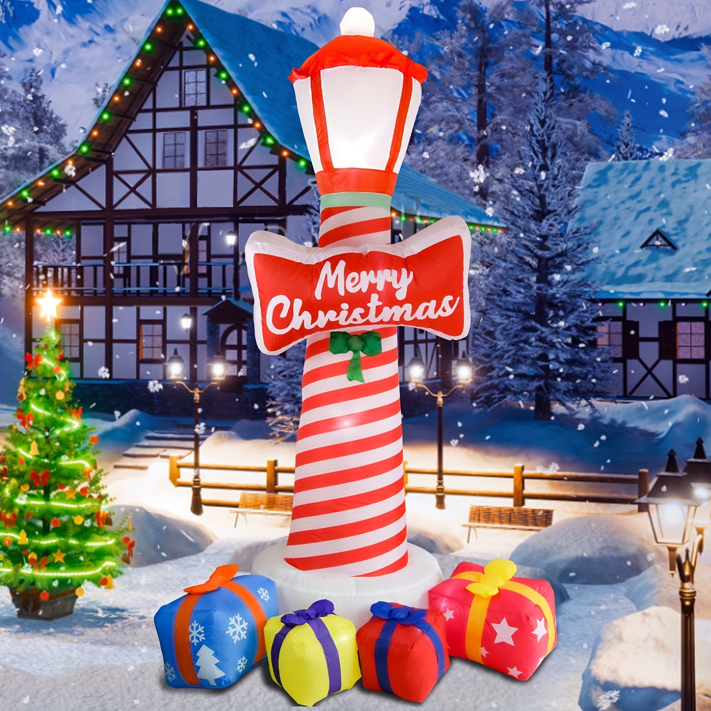 8.1FT Christmas Inflatable Lighthouse with Gift Boxs, Christmas Blow Up Yard Decorations Christmas Inflatables with LED Lights for Holiday Party Outdoor Garden Yard Lawn Decor