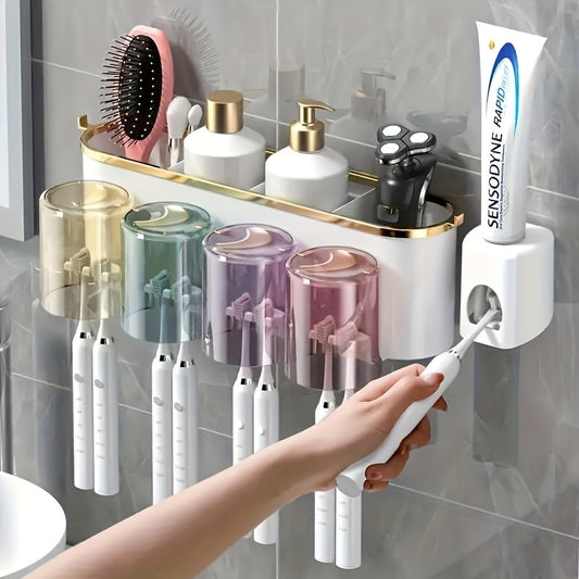 1 Set Of Multifunctional Wall Mounted Toothbrush Holder With Toothpaste Squeezer, Cup Holder, Toothpaste And Mouthwash Storage, Bathroom Accessories, Bathroom Storage And Organization