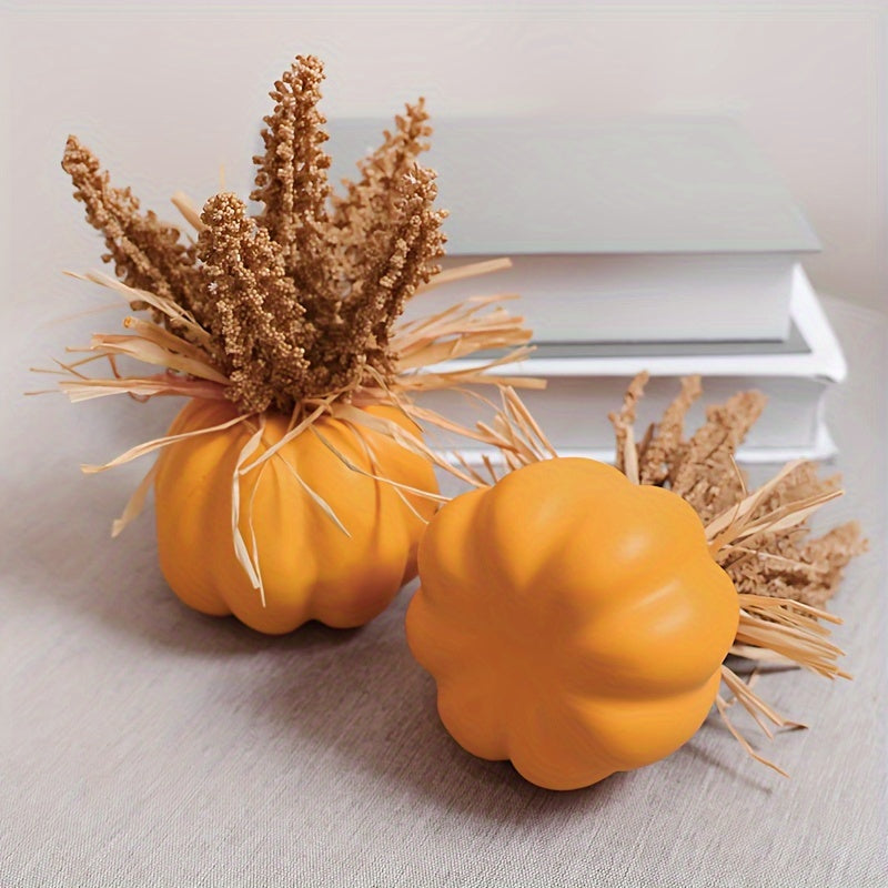 2 Pcs Festive Pumpkin Decorations: Artificial Foam Plastic Pumpkins with Wheat Stems, Perfect for Fall Festivities and Thanksgiving Decor