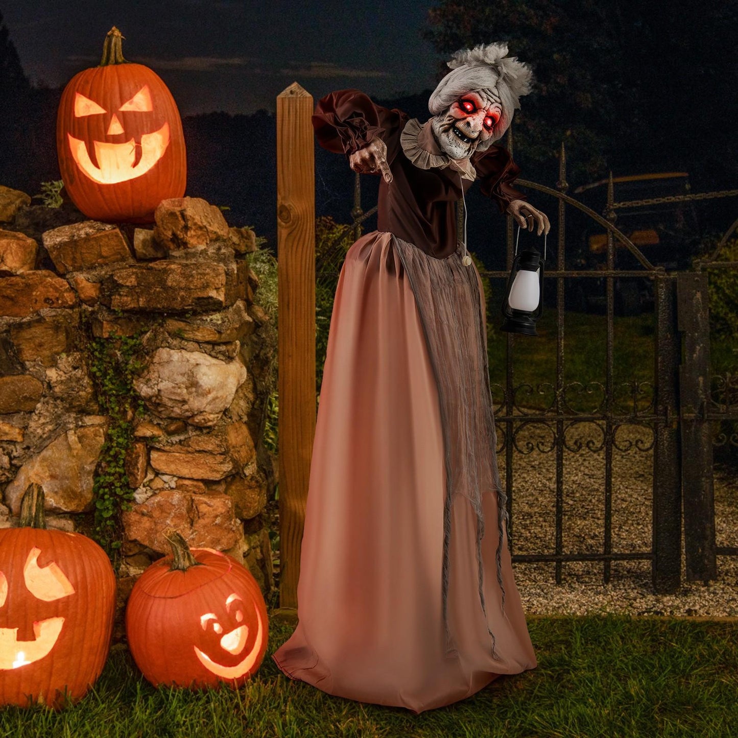 MAXMASS Life-Size Halloween Animatronic, Moving and Talking Old Lady Hag Prop with LED Lighted Red Eyes and Holding Lantern, Halloween Decoration Zombie Maid for Haunted Houses, Indoor and Outdoor Use