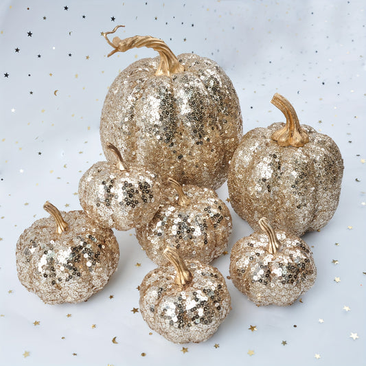 Set of 7 Decorative Artificial Pumpkins – Assorted Sizes Sparkling Sequin Foam Pumpkins for Thanksgiving Table Centerpieces – Harvest Fall Decorations for Home – Indoor Festive Holiday Accents Without Electricity