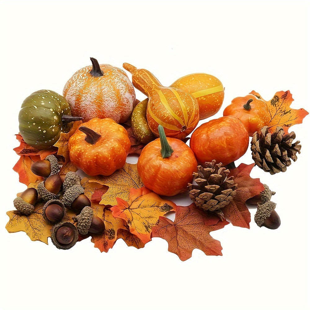 48 PCS Fall Thanksgiving Artificial Pumpkins and Gourds Set - Fake Pumpkins, Acorns, Maple Leaves, Pinecones, Berries - Thanksgiving Decorations, Harvest Centerpiece for Home, Halloween Wedding Decor