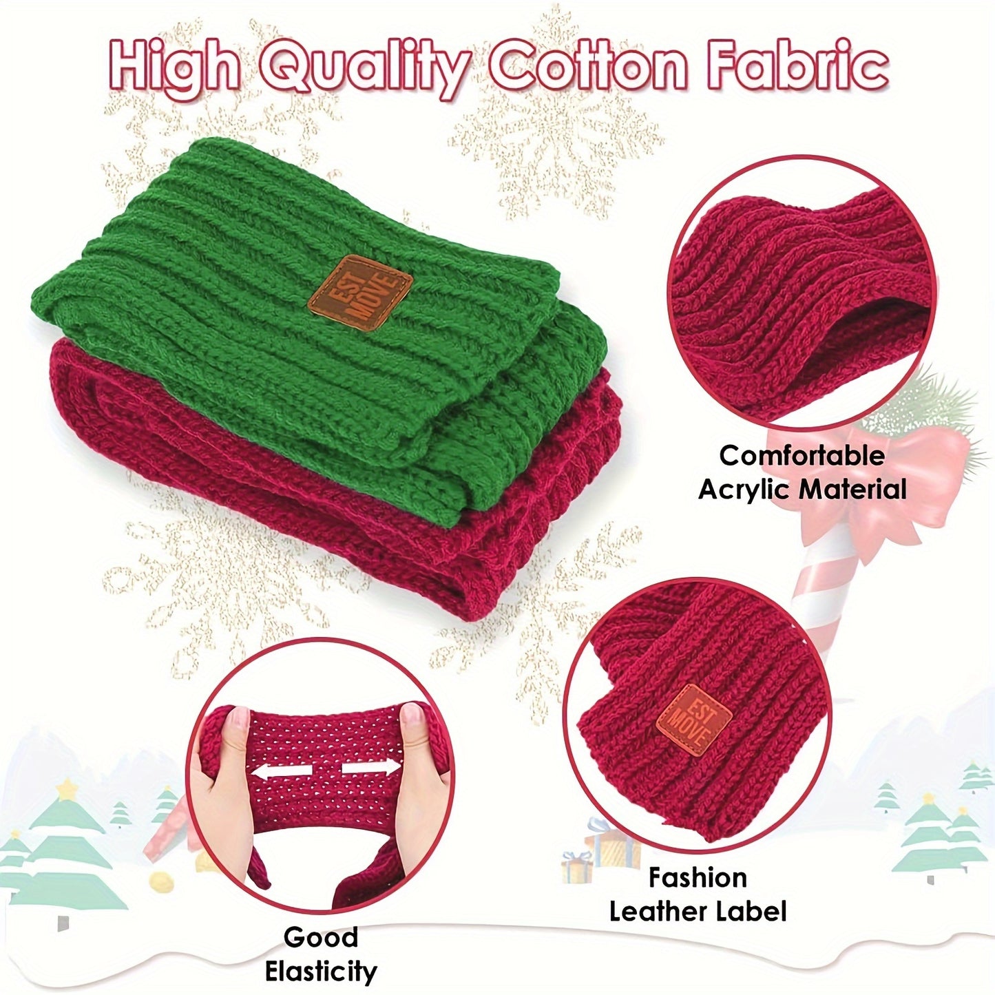 2pcs/set Dog Red and Green Knitted Scarf with Faux Leather Labe