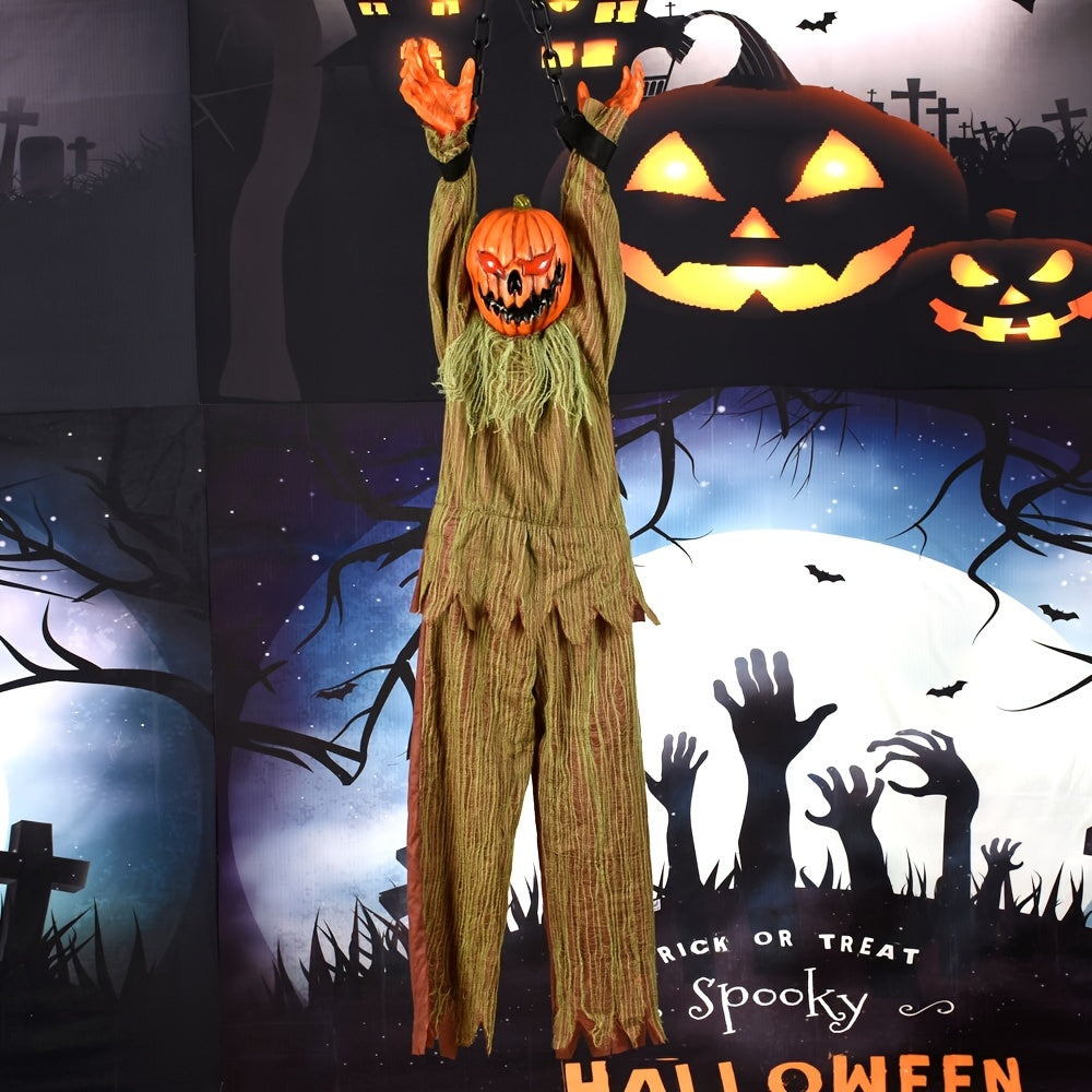 Spooky Halloween Hanging Decor - Glowing Eyes, Screaming Pumpkin Skeleton with Witch Hat & Moving Body - Battery-Powered Outdoor Yard Ornament for Haunted House Atmosphere