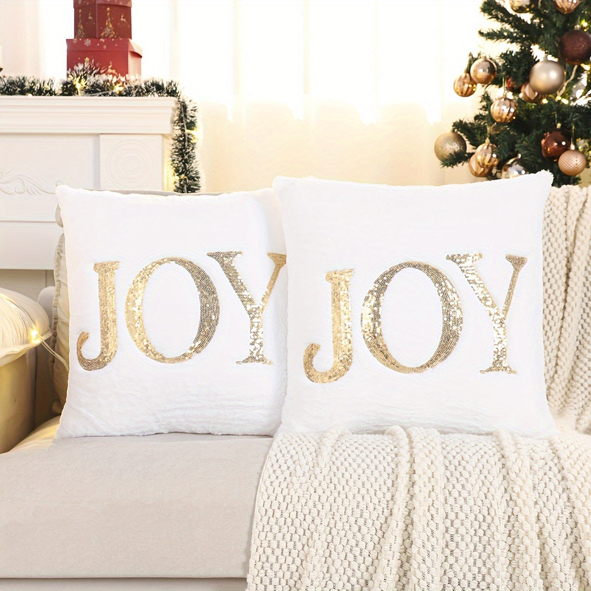 Traditional Style Christmas Throw Pillow Covers Set of 2, Hand Wash Only, Mixed Color, Geometric Deer and Joy Pattern, Zipper Closure, Woven Polyester, Living Room Decor with Embroidered Golden Sequins