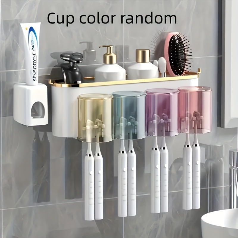 1 Set Of Multifunctional Wall Mounted Toothbrush Holder With Toothpaste Squeezer, Cup Holder, Toothpaste And Mouthwash Storage, Bathroom Accessories, Bathroom Storage And Organization