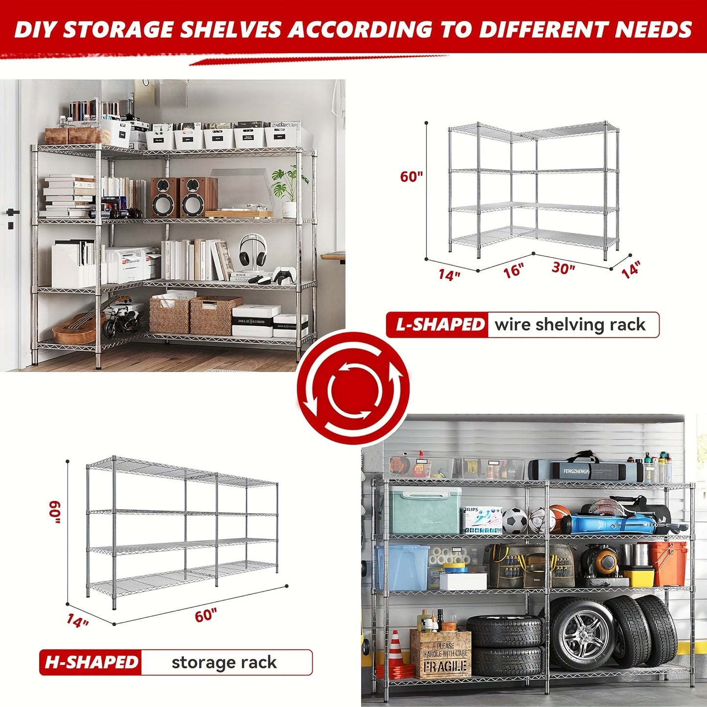 Homdox, 4-tier/5-tier Wire Shelving, Heavy-duty Storage Rack, Adjustable Metal Storage Rack, Corner Wire Rack, Kitchen Shelving, Garage Storage Rack, 14"×60"×60"/ 14"×60"×72"