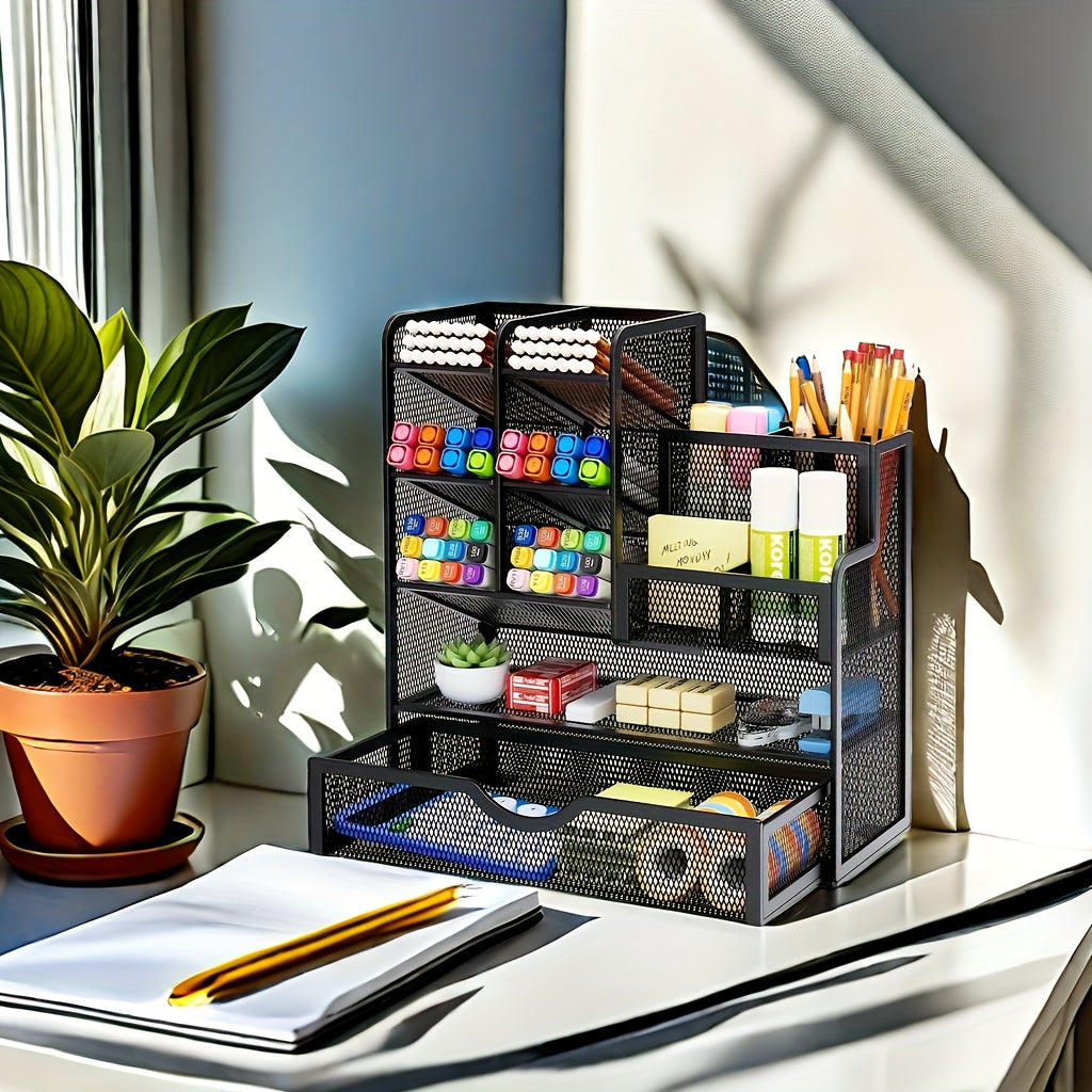 Multi-Purpose Mesh Desk Organizer with Drawer - Durable Iron Pencil Holder for Office and School Supplies Storage