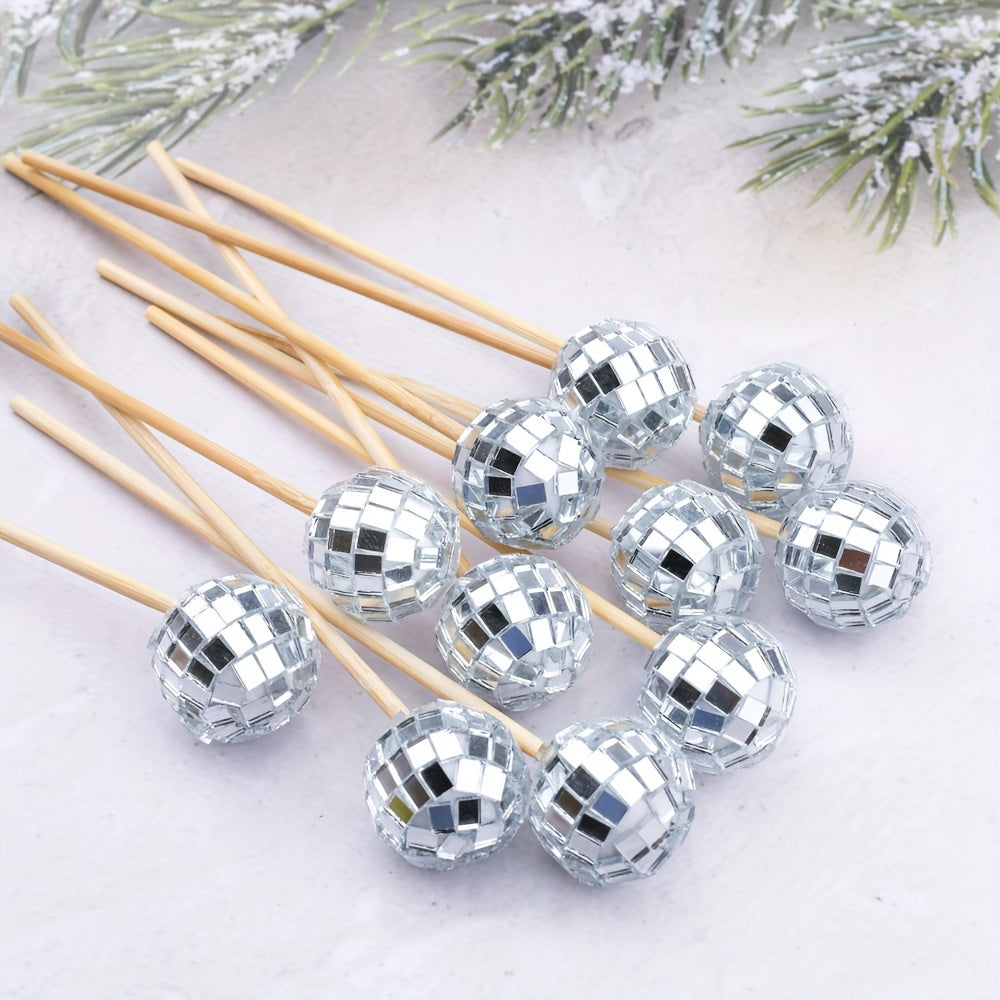 Disco Ball Cocktail Picks & Cupcake Toppers - 12/24/48/60pcs, 4.7" Silvery Mirror Finish, Perfect for 70s Theme Parties, Weddings, Birthdays, Christmas & New Year's Decorations