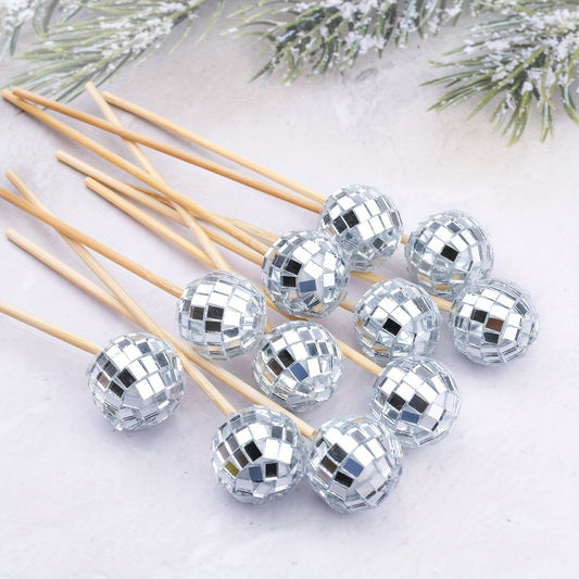 Disco Ball Cocktail Picks & Cupcake Toppers - 12/24/48/60pcs, 4.7" Silvery Mirror Finish, Perfect for 70s Theme Parties, Weddings, Birthdays, Christmas & New Year's Decorations