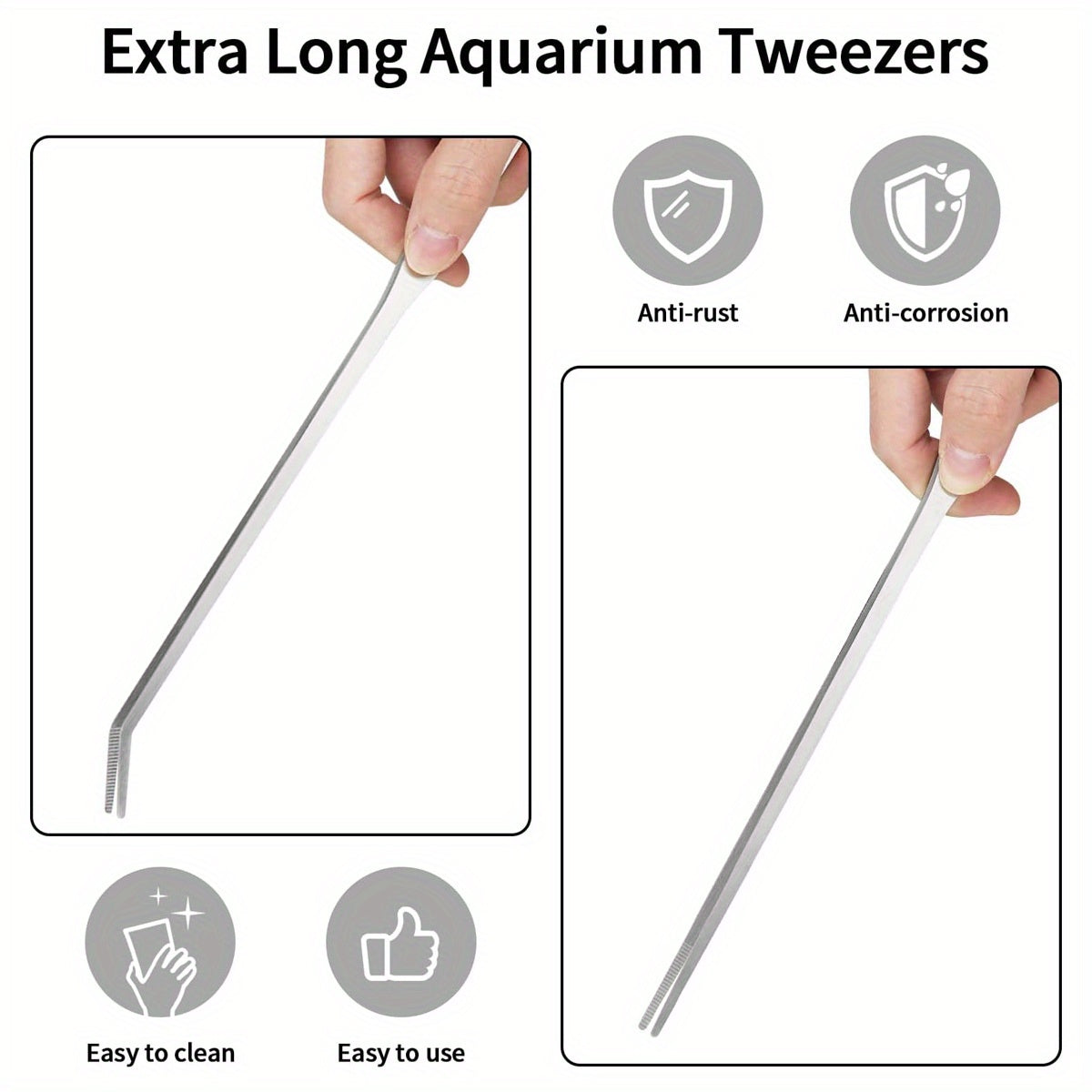 2PCS Stainless Steel Aquarium Tweezers Set - 10.6" Straight and Curved Reptile Feeding Tongs, Anti-Rust, Easy to Clean, for Lizards, Bearded Dragons, and Snake Tank Accessories