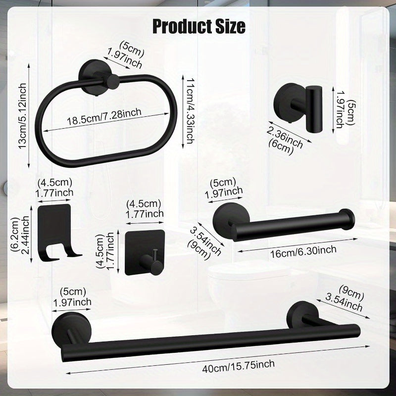 7 PCS Bathroom Hardware Set, Matte Black Stainless Steel Bathroom Tower Rack Set Wall Mounted Includes 16" Towel Bar, Toilet Towel Paper Holder, Towel Ring, 4 Robe Towel Hooks