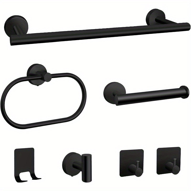 7 PCS Bathroom Hardware Set, Matte Black Stainless Steel Bathroom Tower Rack Set Wall Mounted Includes 16" Towel Bar, Toilet Towel Paper Holder, Towel Ring, 4 Robe Towel Hooks