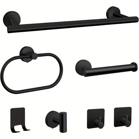 7 PCS Bathroom Hardware Set, Matte Black Stainless Steel Bathroom Tower Rack Set Wall Mounted Includes 16" Towel Bar, Toilet Towel Paper Holder, Towel Ring, 4 Robe Towel Hooks